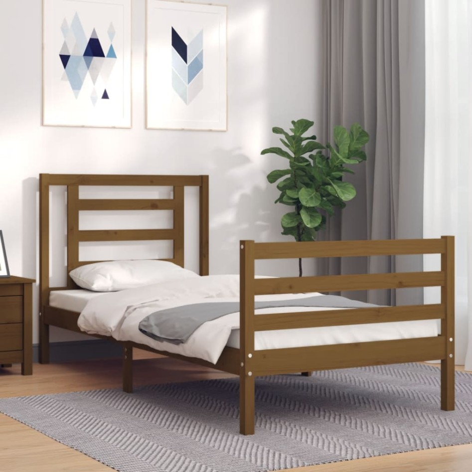 Estructura cama con cabecero madera maciza marrón miel