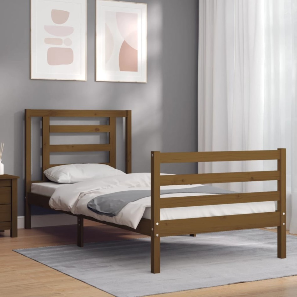 Estructura cama con cabecero madera maciza marrón miel