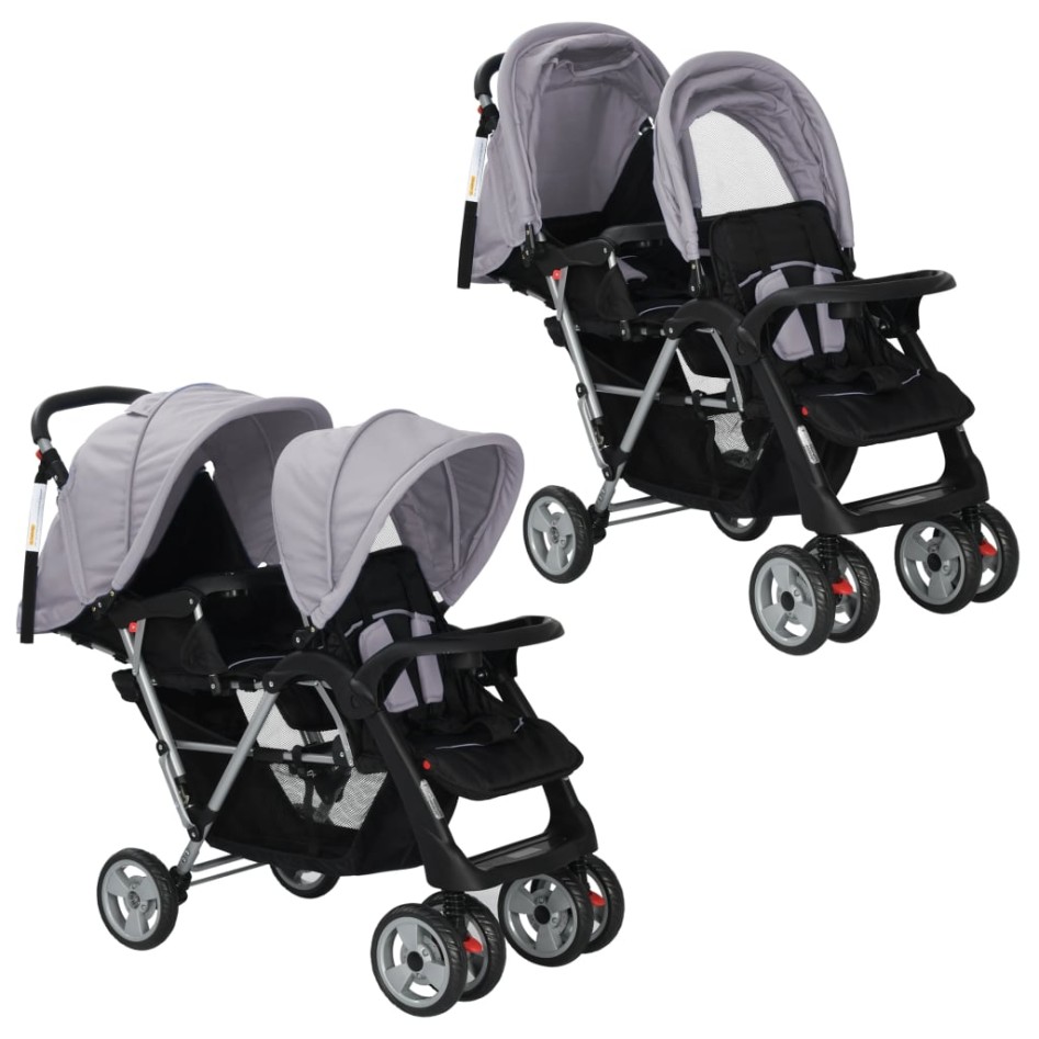Carrito para 2 niños tandem de acero gris y