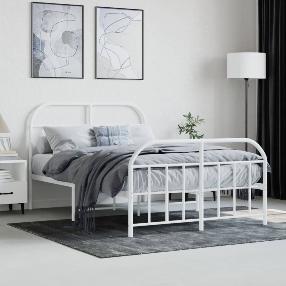Estructura cama metal con cabecero y estribo blanco 120x190
