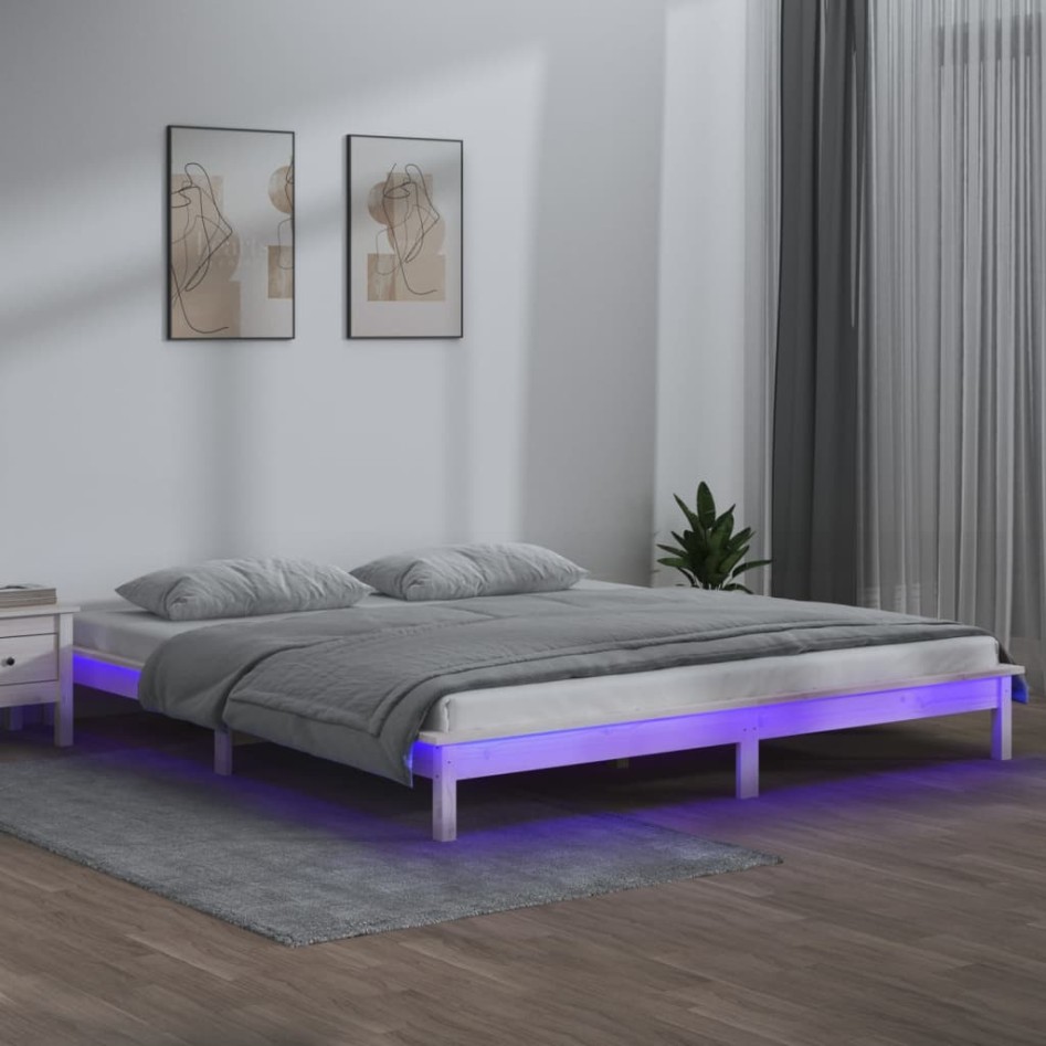 Estructura de cama con LED madera maciza blanca 120x200