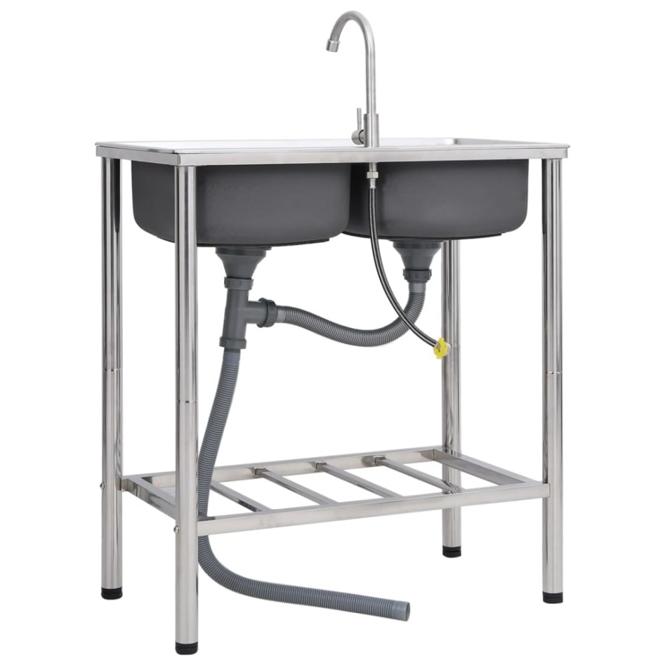 Fregadero de camping doble seno y grifo acero