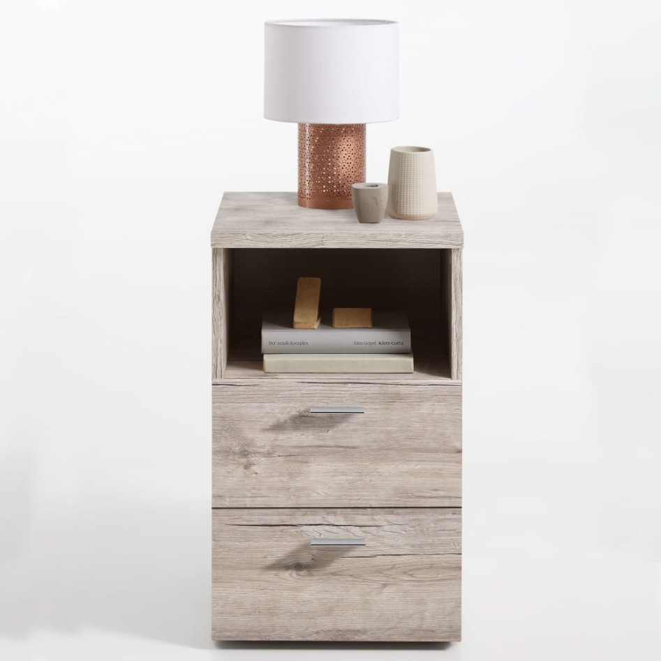 FMD Mesita de noche con 2 cajones y estante abierto color roble