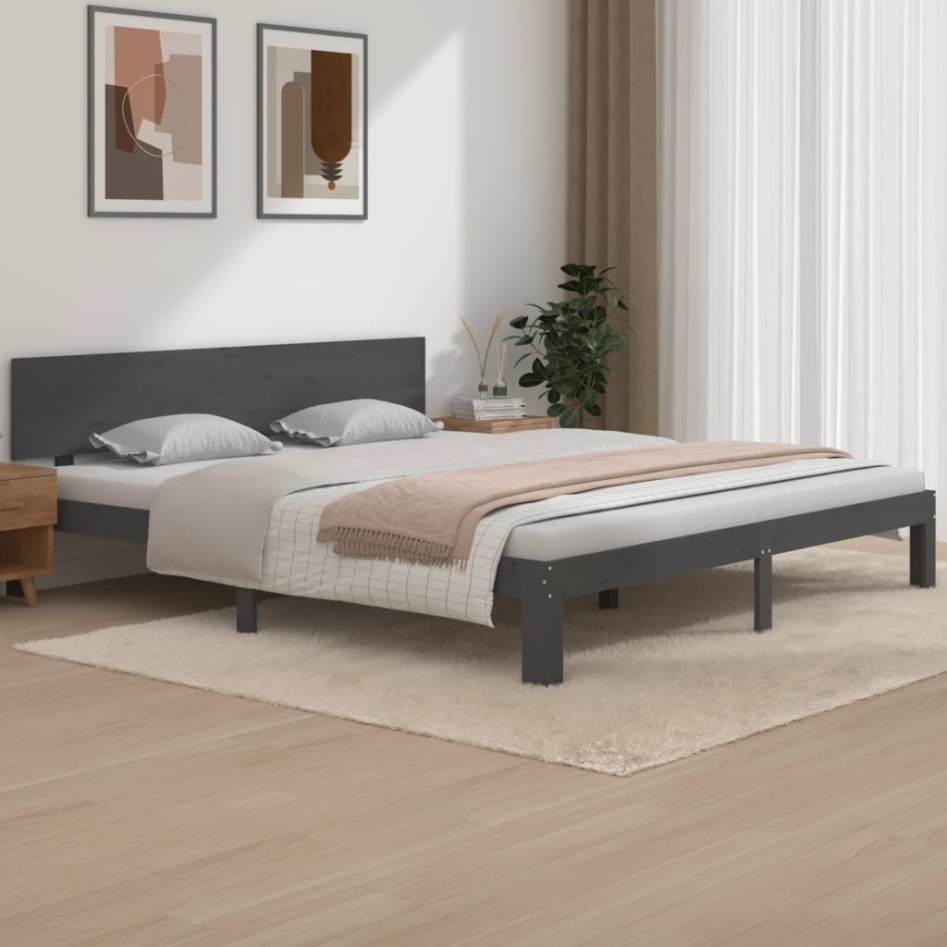 Estructura de cama de matrimonio madera maciza gris 180x200