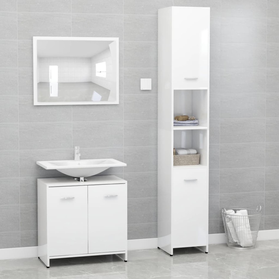 Juego muebles de baño 3 piezas madera ingeniería blanco