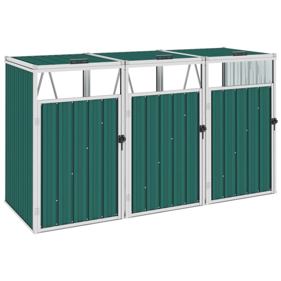 Cobertizo triple contenedor de basura acero verde 213x81x121