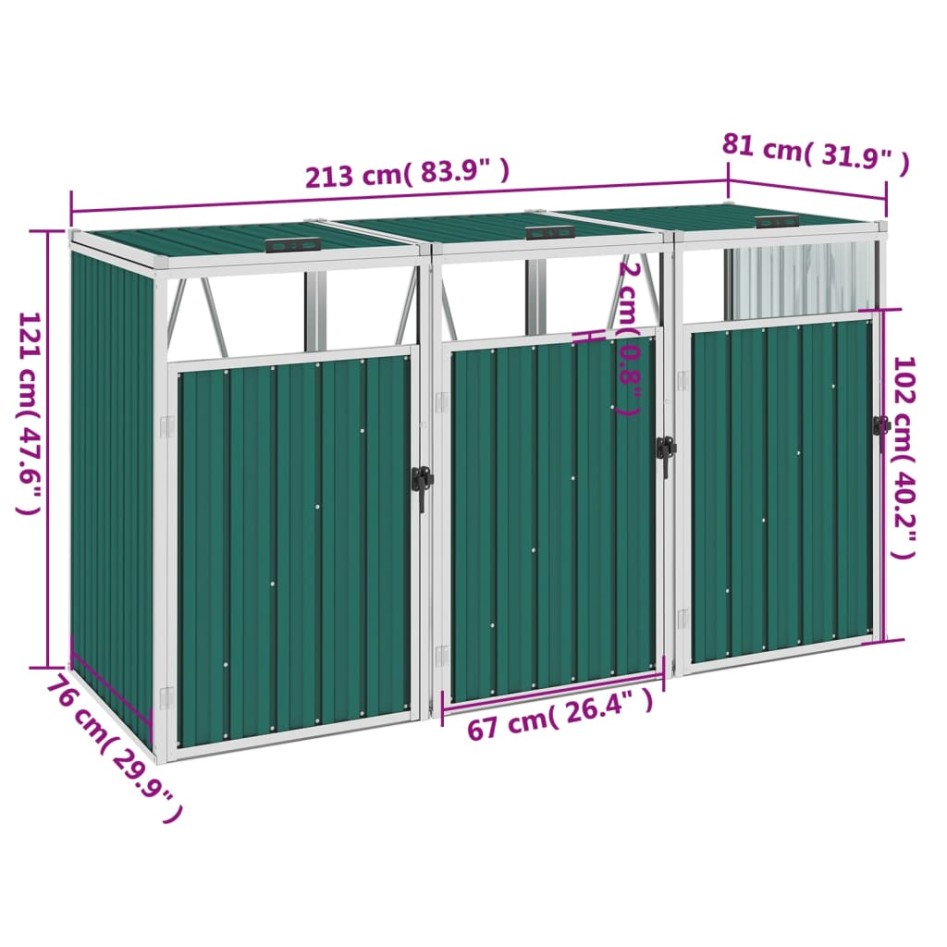 Cobertizo triple contenedor de basura acero verde 213x81x121