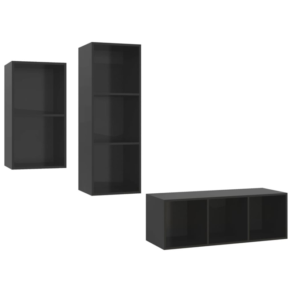 Set de mueble para TV 3 pzas madera contrachapada negro