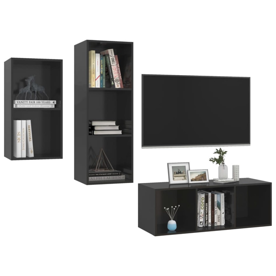 Set de mueble para TV 3 pzas madera contrachapada negro