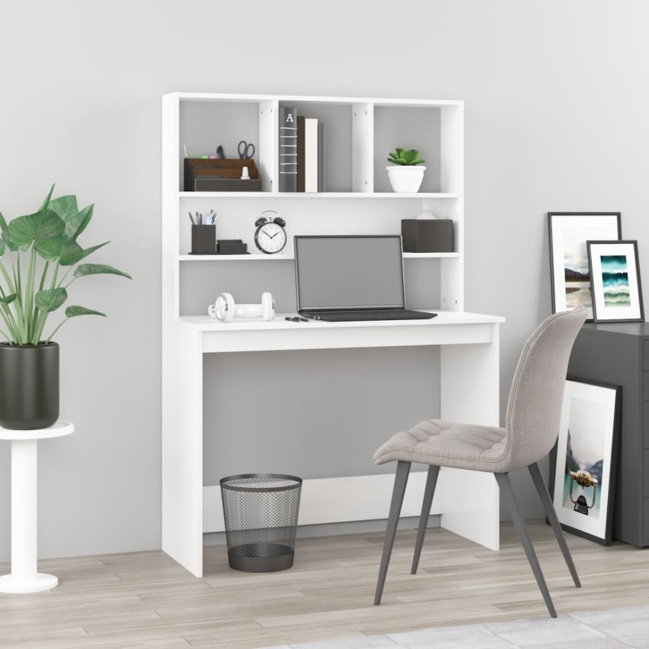 Escritorio de estantes contrachapada blanco brillo