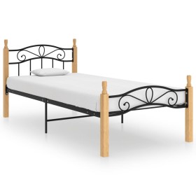 Estructura de cama madera maciza roble metal negro 100x200