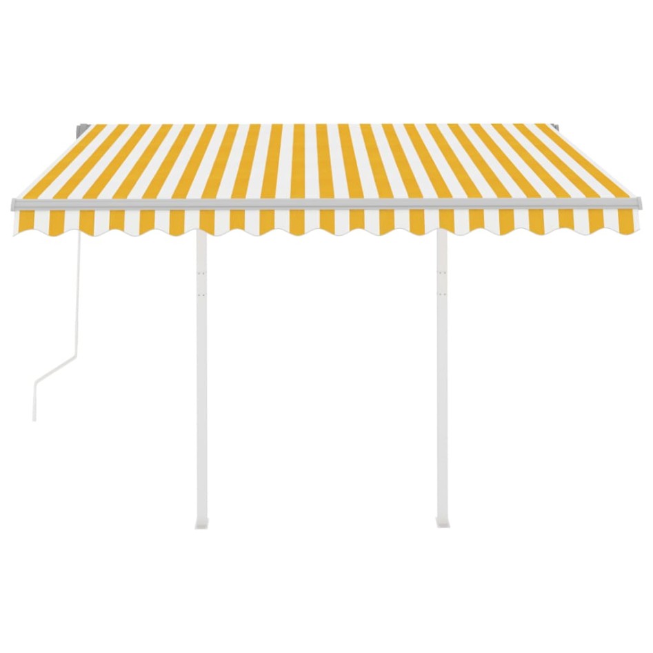 Toldo retráctil automático con postes amarillo blanco 3,5x2,5
