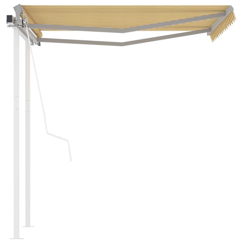Toldo retráctil automático con postes amarillo blanco 3,5x2,5