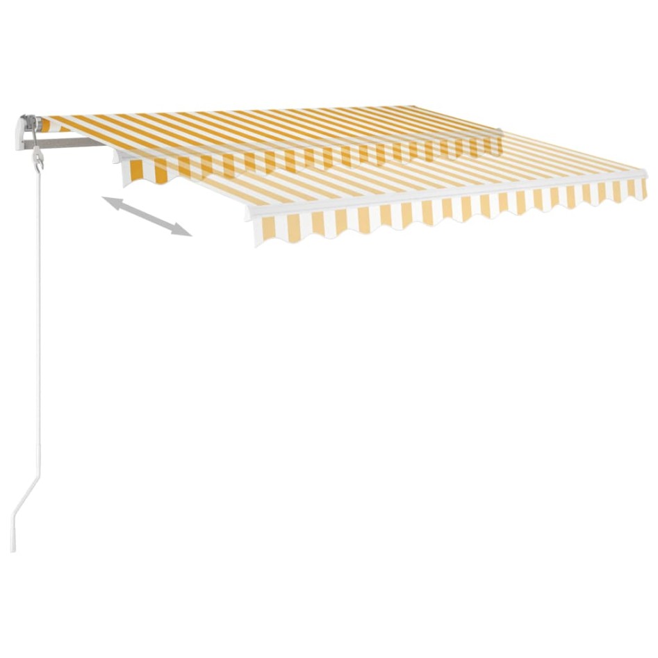 Toldo retráctil automático con postes amarillo blanco 3,5x2,5