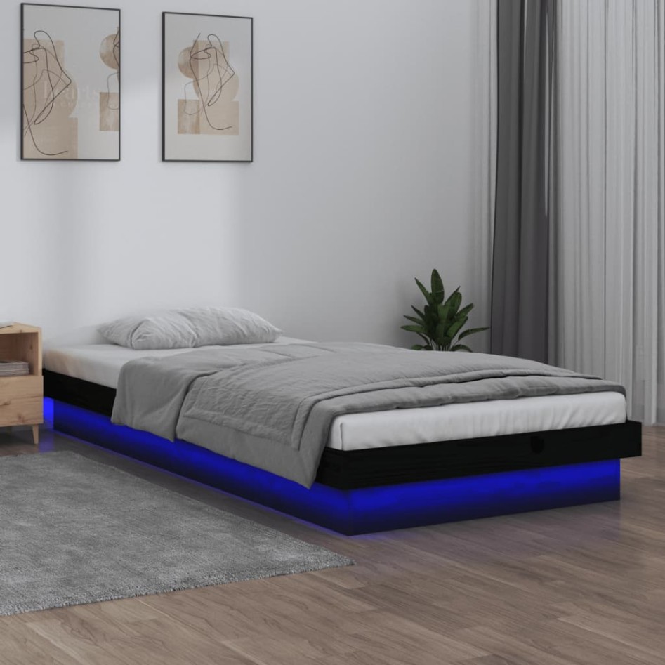 Estructura de cama con LED madera maciza negra 100x200
