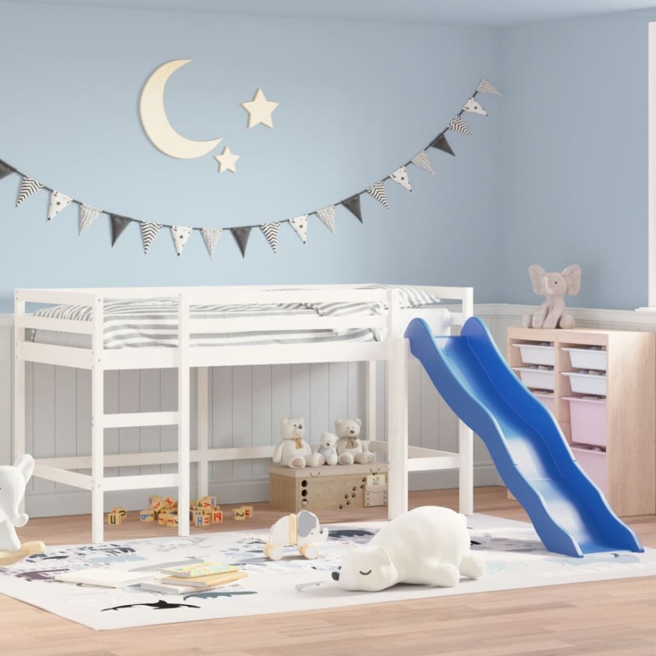 Cama alta de niños con escalera madera maciza blanca 80x200