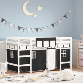 Cama alta niños con cortinas madera pino blanco negro 90x200
