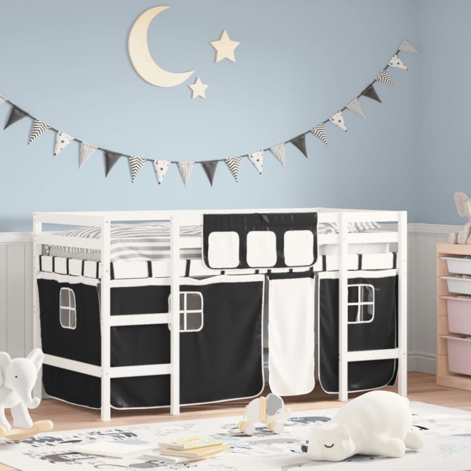 Cama alta niños con cortinas madera pino blanco negro 90x200