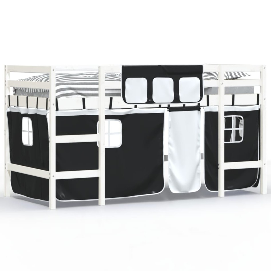 Cama alta niños con cortinas madera pino blanco negro 90x200