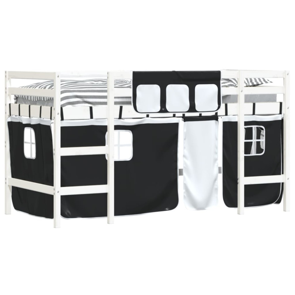 Cama alta niños con cortinas madera pino blanco negro 90x200