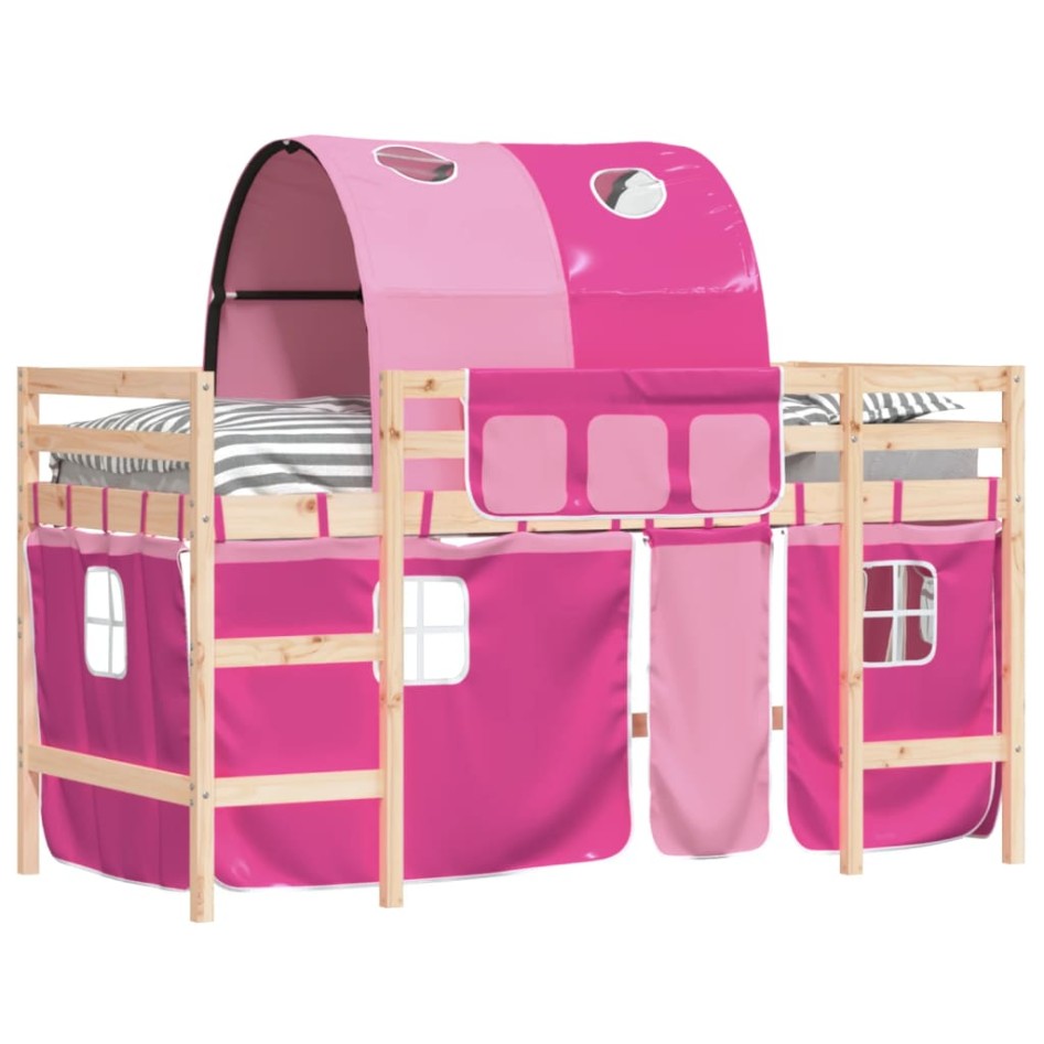 Cama alta para niños con túnel madera pino rosa 80x200