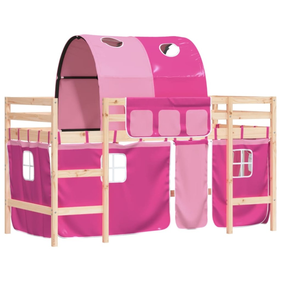 Cama alta para niños con túnel madera pino rosa 80x200