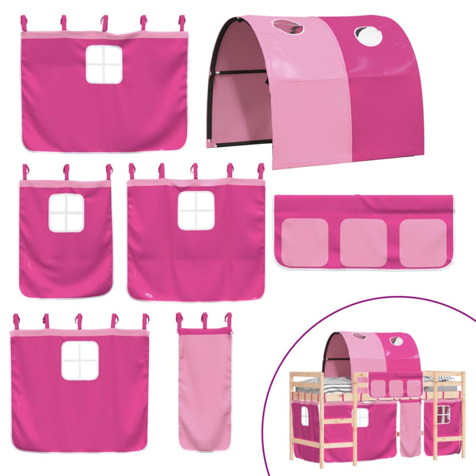 Cama alta para niños con túnel madera pino rosa 80x200