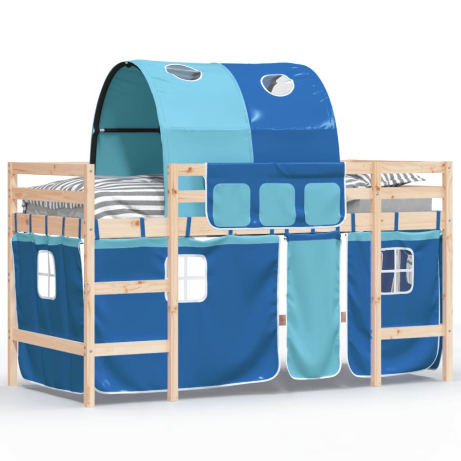 Cama alta para niños con túnel madera pino azul 90x200