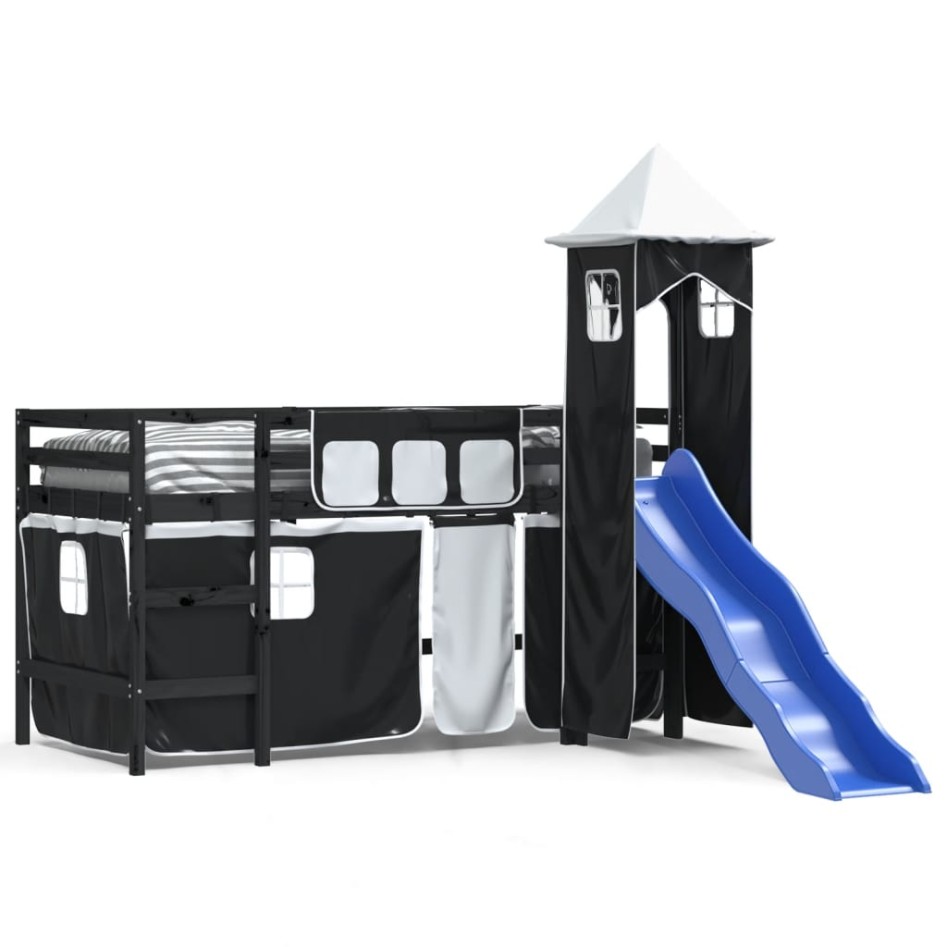 Cama alta niños con torre madera pino blanco negro 90x190
