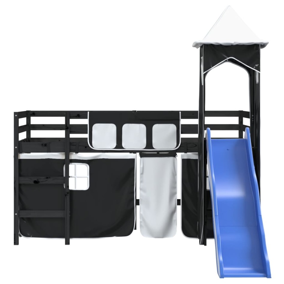 Cama alta niños con torre madera pino blanco negro 90x190