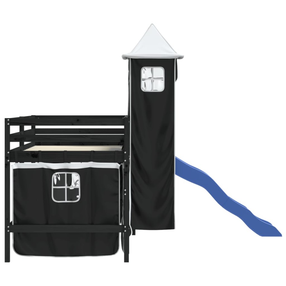 Cama alta niños con torre madera pino blanco negro 90x190