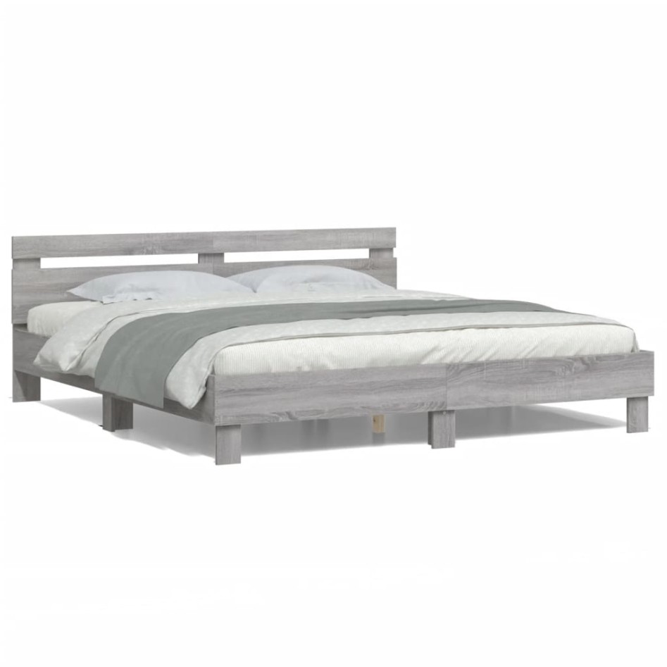 Estructura de cama cabecero y luces LED gris Sonoma 200x200