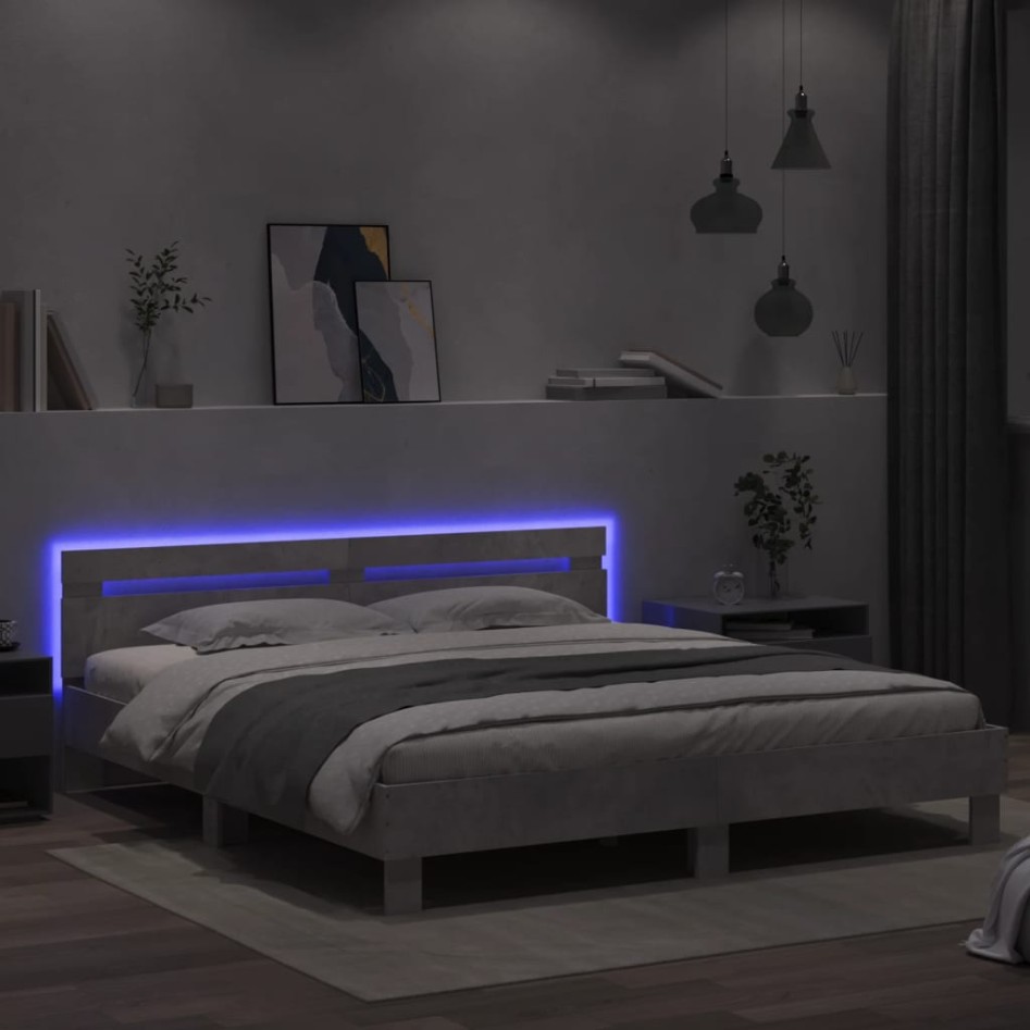 Estructura de cama cabecero y luces LED gris hormigón