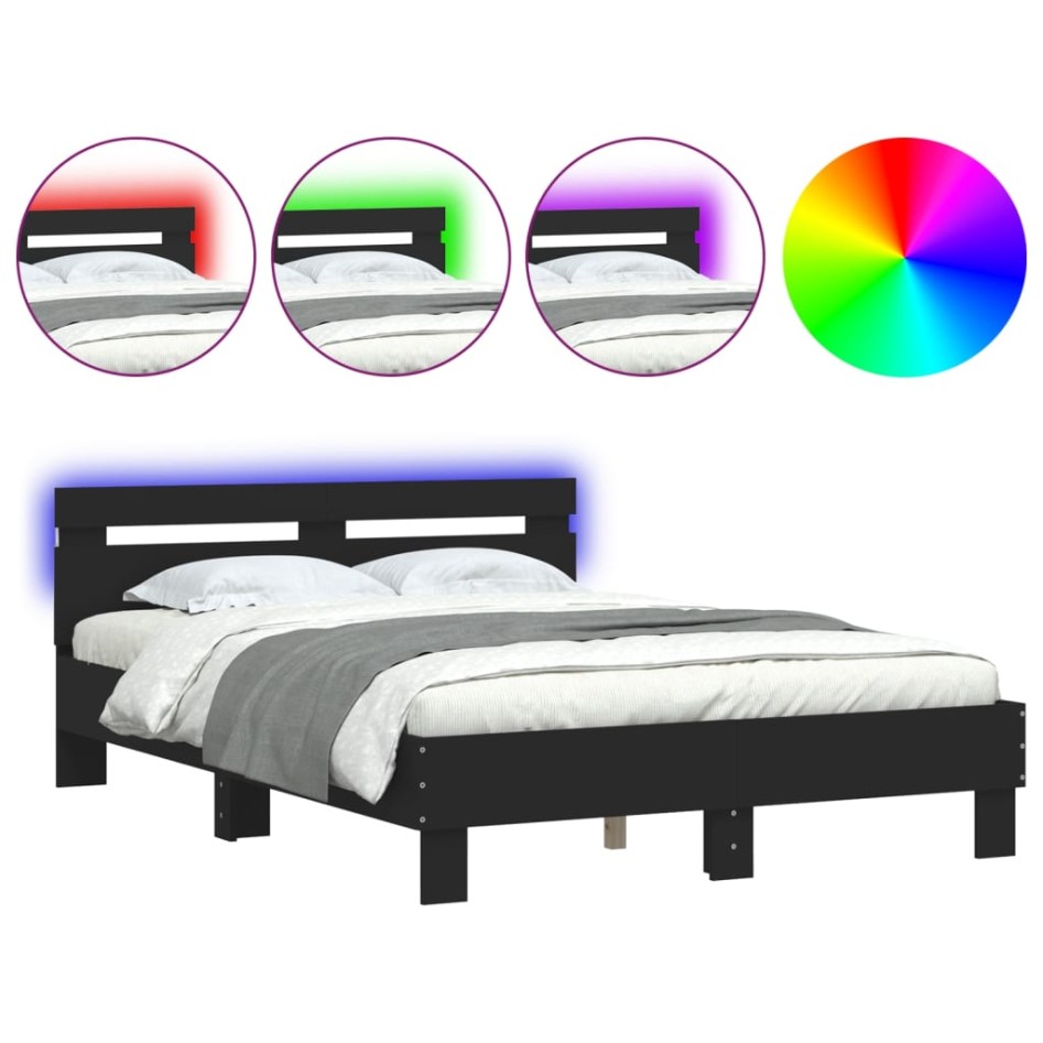 Estructura de cama con cabecero y luces LED negro 120x190
