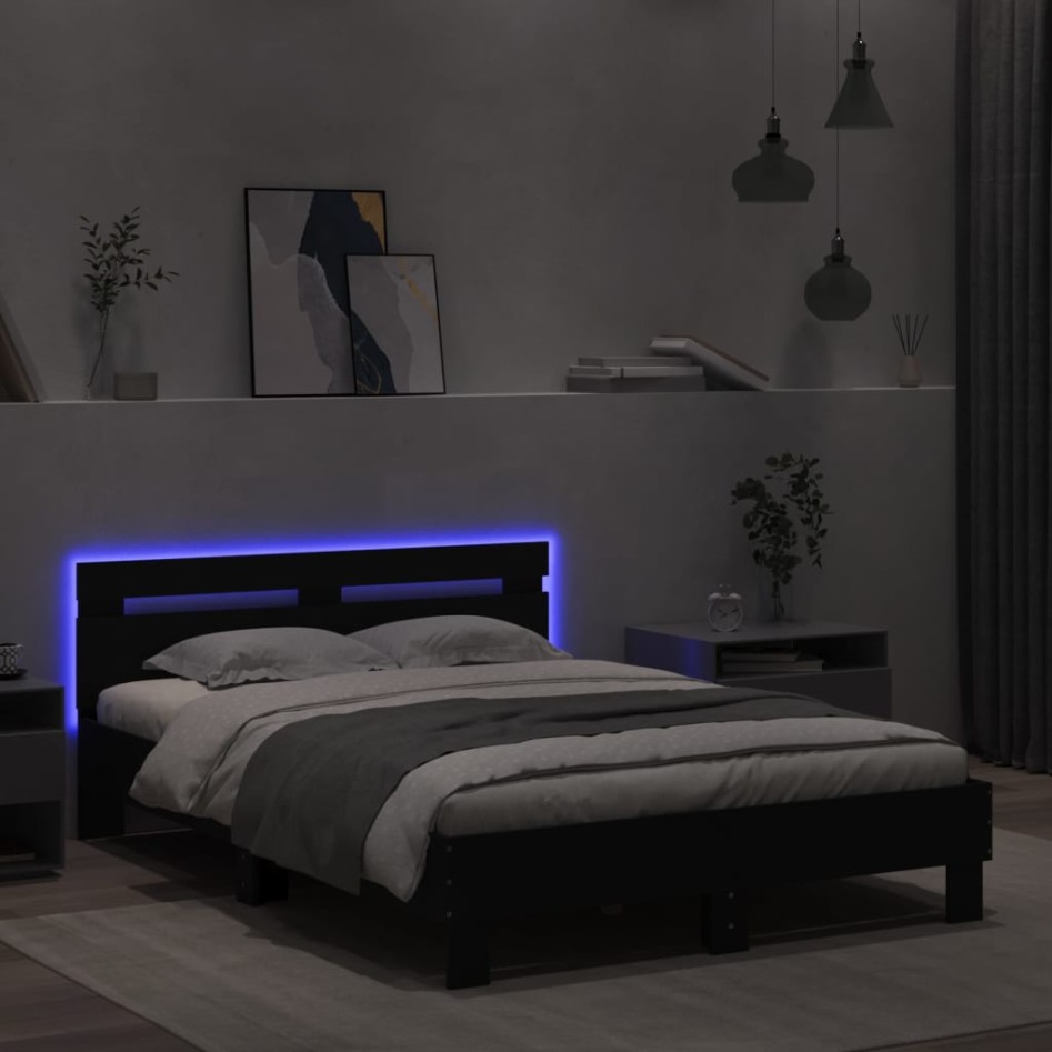 Estructura de cama con cabecero y luces LED negro 120x190