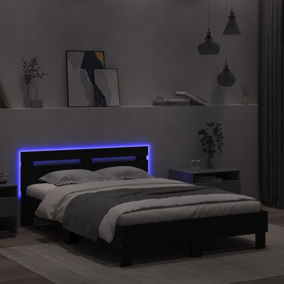 Estructura de cama con cabecero y luces LED negro 120x200