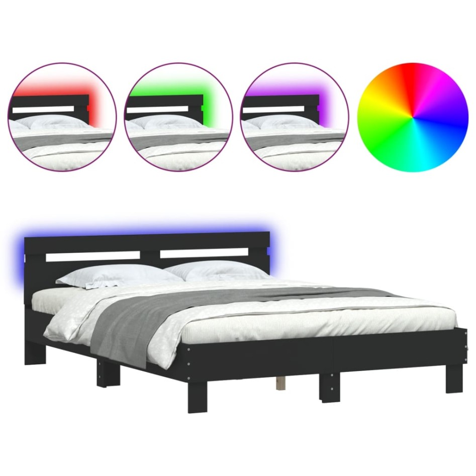 Estructura de cama con cabecero y luces LED negro 140x190