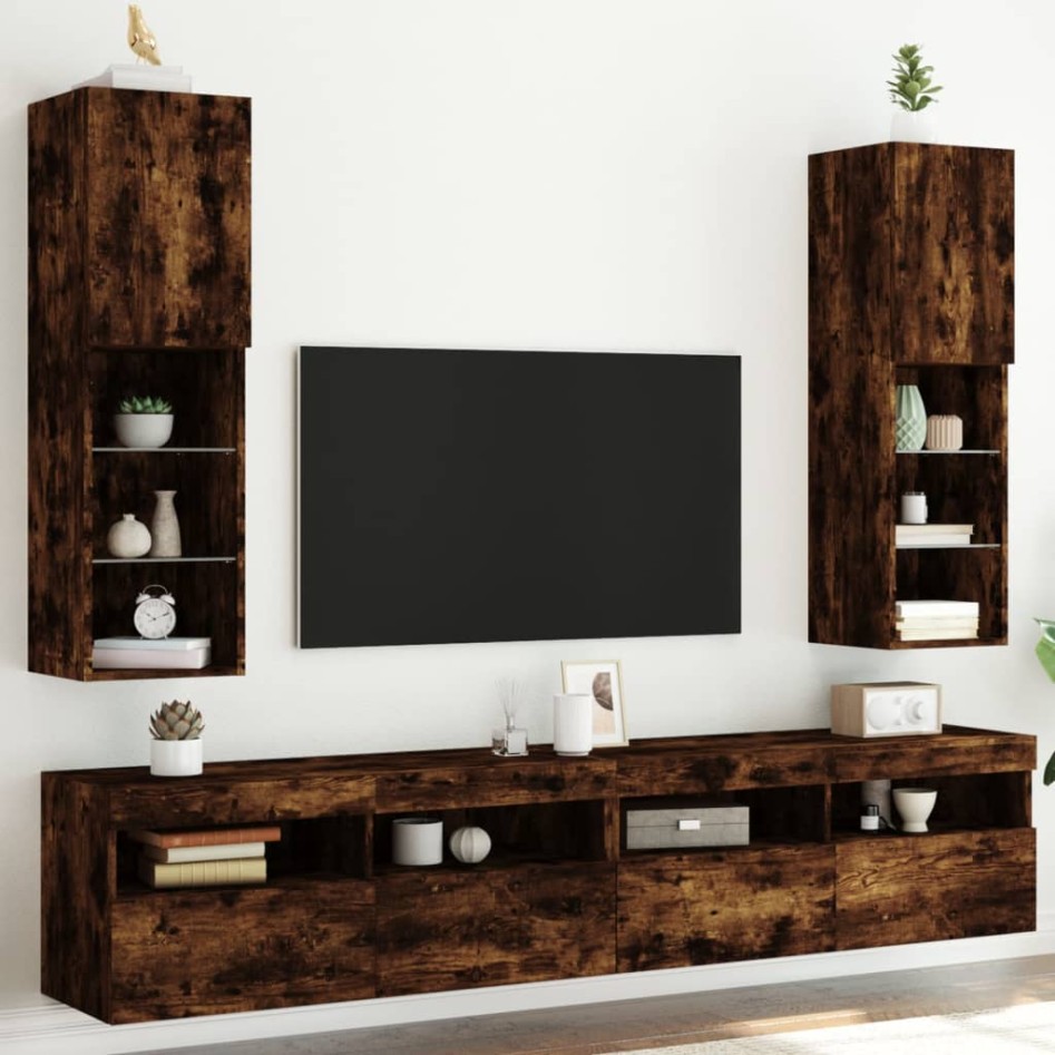 Muebles de TV con luces LED 2 uds roble ahumado 30,5x30x102