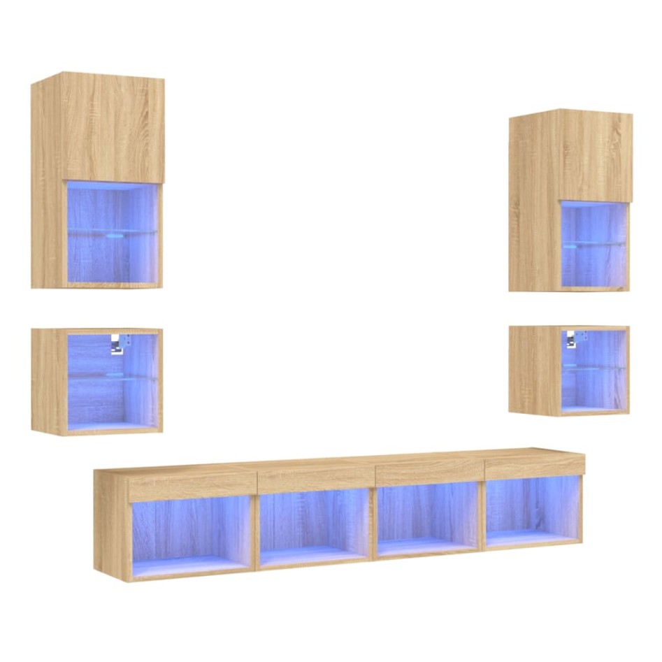 Muebles TV pared con LED 8 pzas madera ingeniería roble