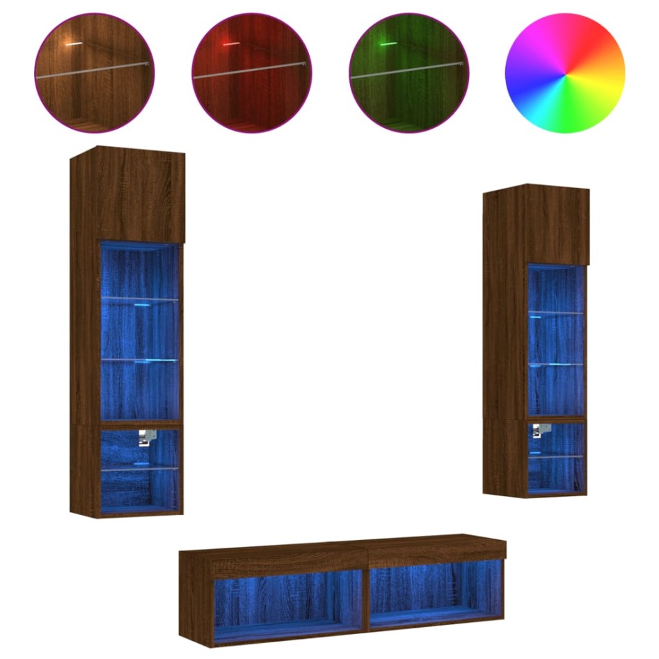 Muebles TV pared con LED 6 pzas madera ingeniería marrón