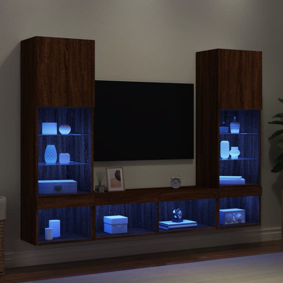 Muebles TV pared con LED 5 pzas madera ingeniería marrón