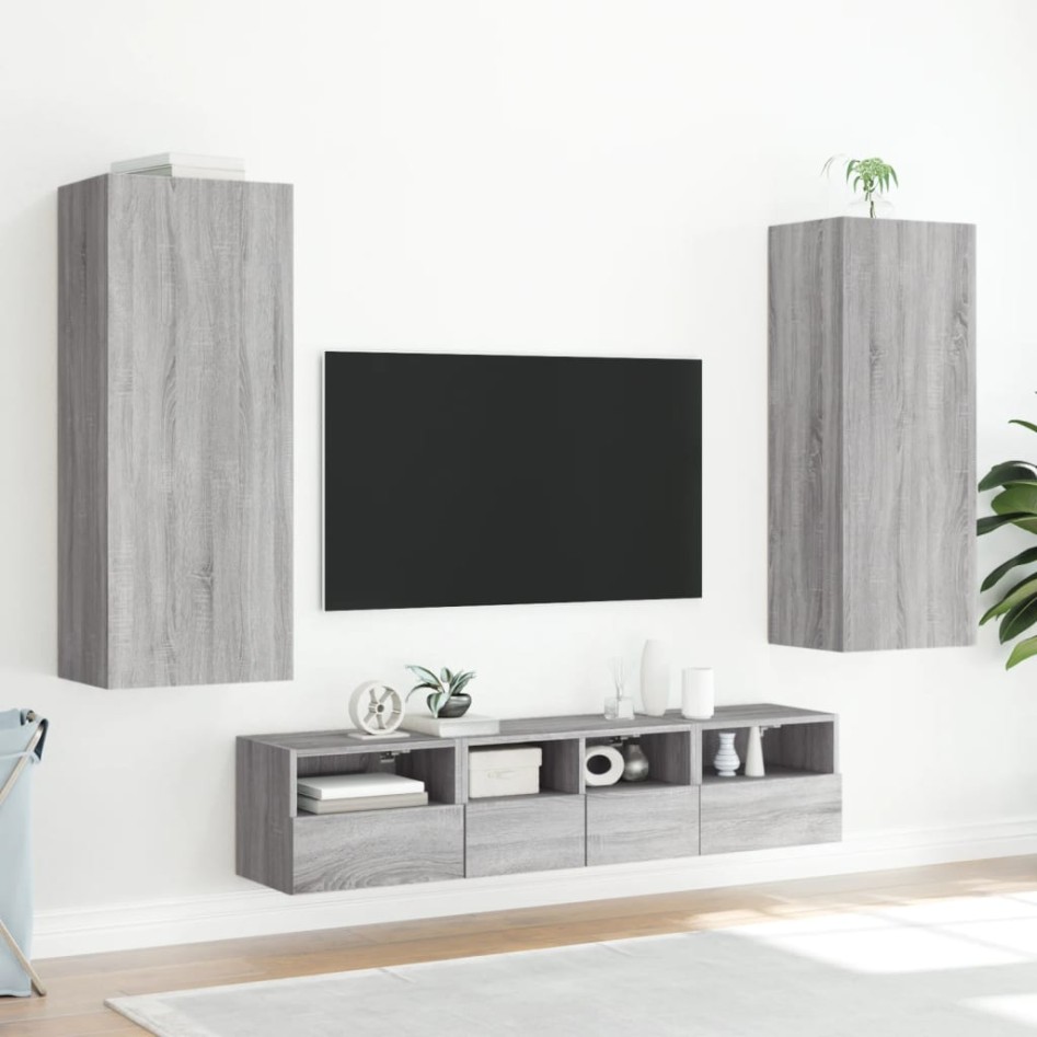 Muebles de TV de pared 5 pzas madera de ingeniería gris