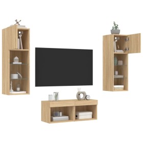 Muebles de TV de pared con luces LED 4 piezas roble