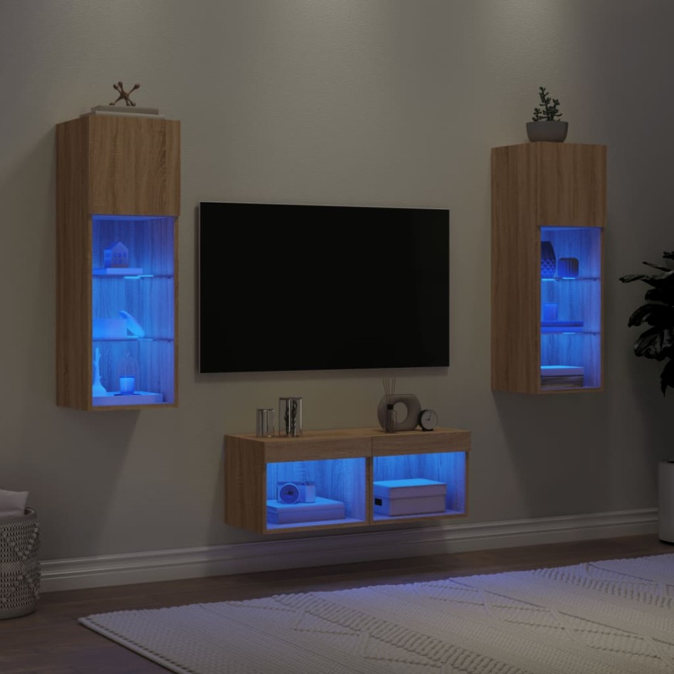 Muebles de TV de pared con luces LED 4 piezas roble