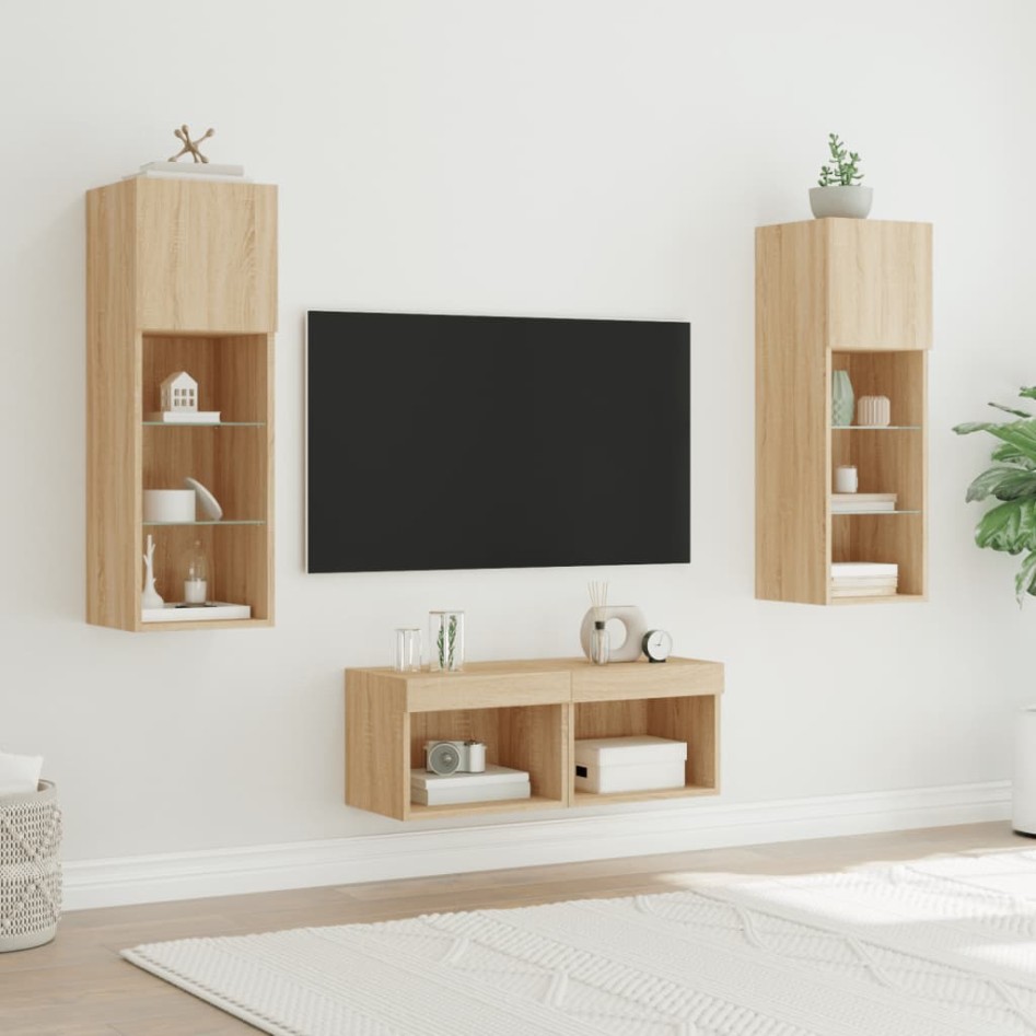 Muebles de TV de pared con luces LED 4 piezas roble
