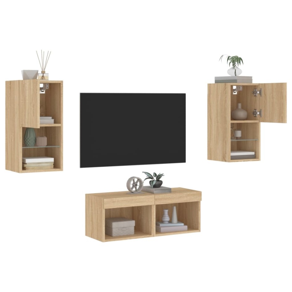 Muebles de TV de pared con luces LED 4 piezas roble