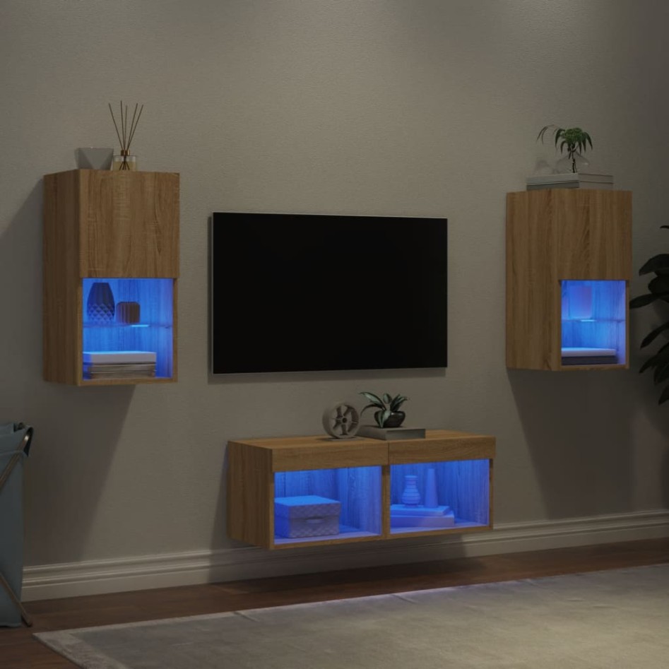 Muebles de TV de pared con luces LED 4 piezas roble