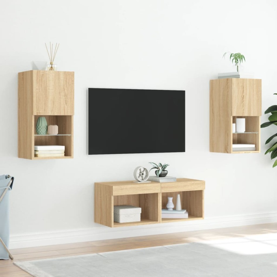 Muebles de TV de pared con luces LED 4 piezas roble