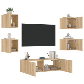 Muebles de TV de pared con luces LED 5 piezas roble