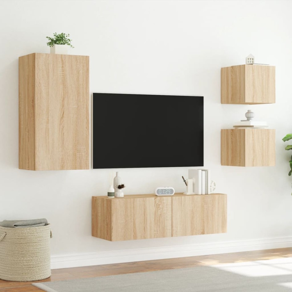 Muebles de TV de pared con luces LED 4 piezas roble